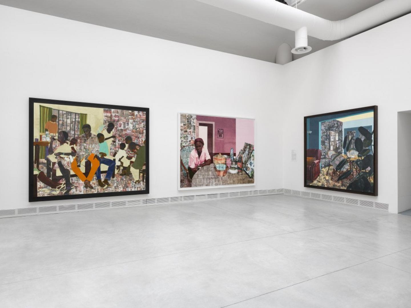 Njideka Akunyili Crosby, œuvres diverses, 2012-2017, Giardini, Court. the artist, Victoria Miro, and David Zwirner