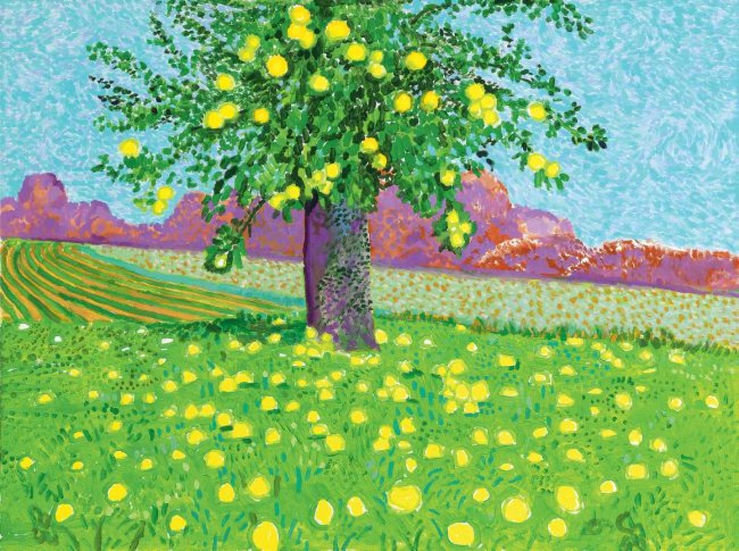 Apples on Tree and Ground, David Hockney, Acrylique sur toile, 201991 x 122 cm, ©Galerie Lelong & Co