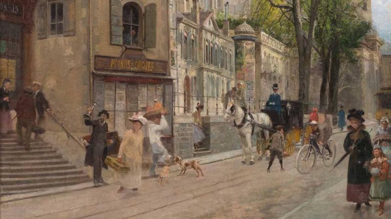 François-Adolphe GRISON (1845-1914) La rue de la Corraterie – Genève Huile sur toile signée – 73 x 55,5 cm