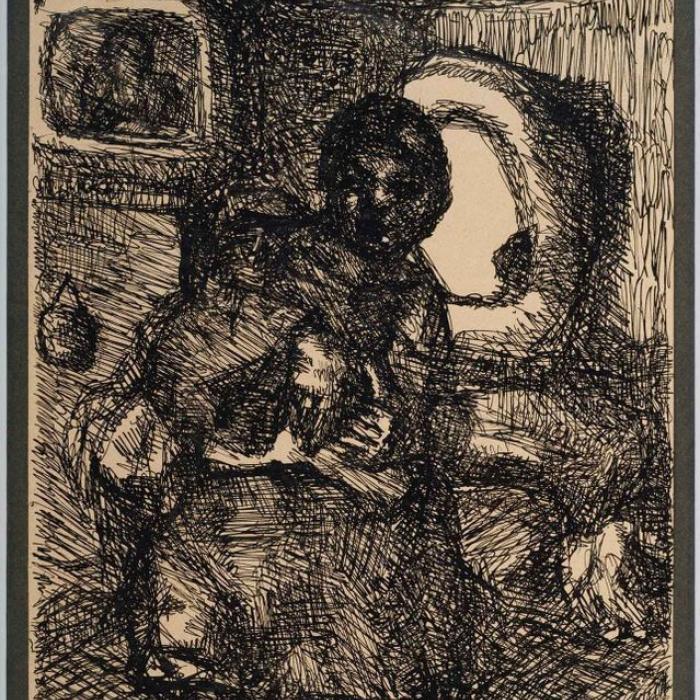 Louis Soutter | Seule (La jeune demoiselle de Ballaigues), vers 1930 Encre sur papier, 21 × 17,3 cm Titré en bas à droite Genève, galerie Edwin Engelberts Genève, galerie Jacques Benador Genève, galerie Schifferli Paris, collection particulière
