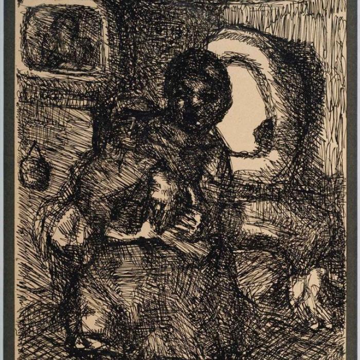 Louis Soutter | Seule (La jeune demoiselle de Ballaigues), vers 1930 Encre sur papier, 21 × 17,3 cm Titré en bas à droite Genève, galerie Edwin Engelberts Genève, galerie Jacques Benador Genève, galerie Schifferli Paris, collection particulière