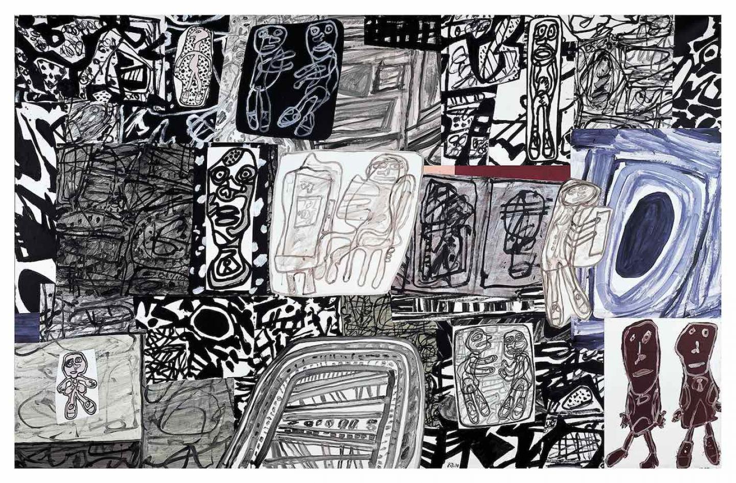 Dramatisation Jean Dubuffet 12 janvier 1978 Collage de 42 pièces acryliques sur papier marouflé sur toile. 210 x 328 cm Collection Fondation Dubuffet, Paris Photo :pour la Suisse © Fondation Dubuffet / 2020, ProLitteris, Zurich pour la France © Fondation Dubuffet / 2020, ADAGP, Paris