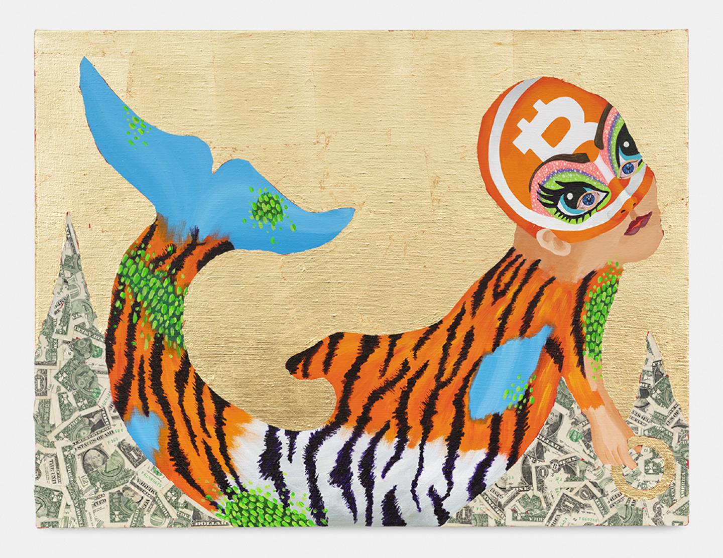 BAILEY SCIESZKA Peaceable Kingdom #2 (Bitcoin Baby/Dolphin/Tiger), 2020 Acrylic, gold leaf, and dollar bills on linen 60 x 73.7 x 2.5 cm (23.6 x 28.7 x 0.8 inch), Estimate: $5,000 - $5,600