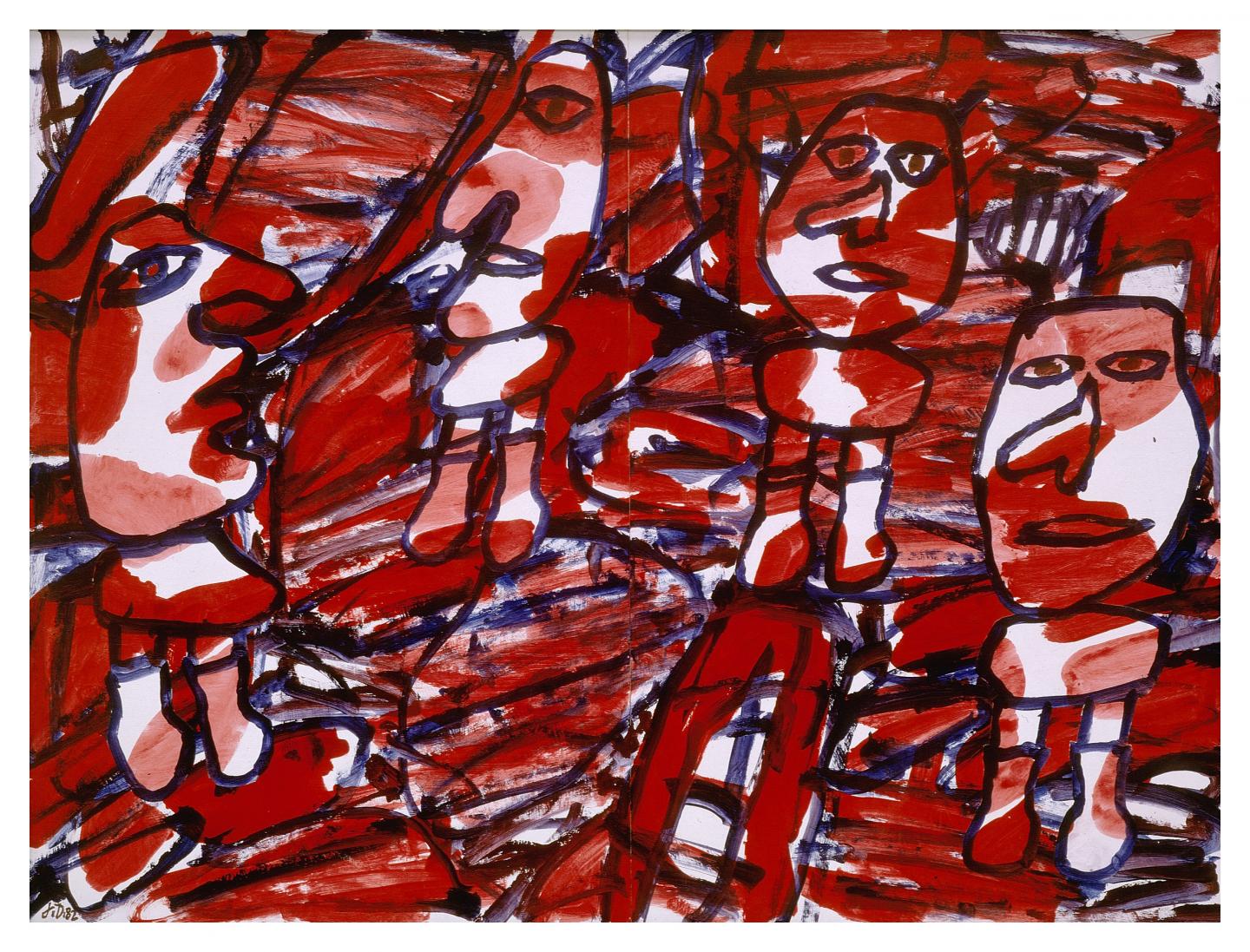 Bon courage Jean Dubuffet 24 mai 1982 Acryle sur papier (avec 4 pièces rapportées collées). 100 x 134 cm Collection Fondation Dubuffet, Paris Photo :pour la Suisse © Fondation Dubuffet / 2020, ProLitteris, Zurich pour la France © Fondation Dubuffet / 2020, ADAGP, Paris