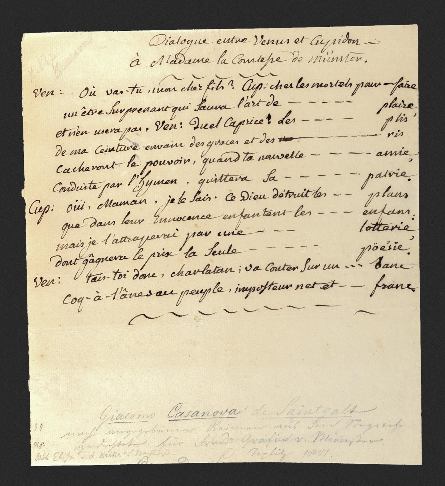 Dialogue entre Venus et Cupidon - à Madame la Comtesse de Münster, manuscrit de Casanova