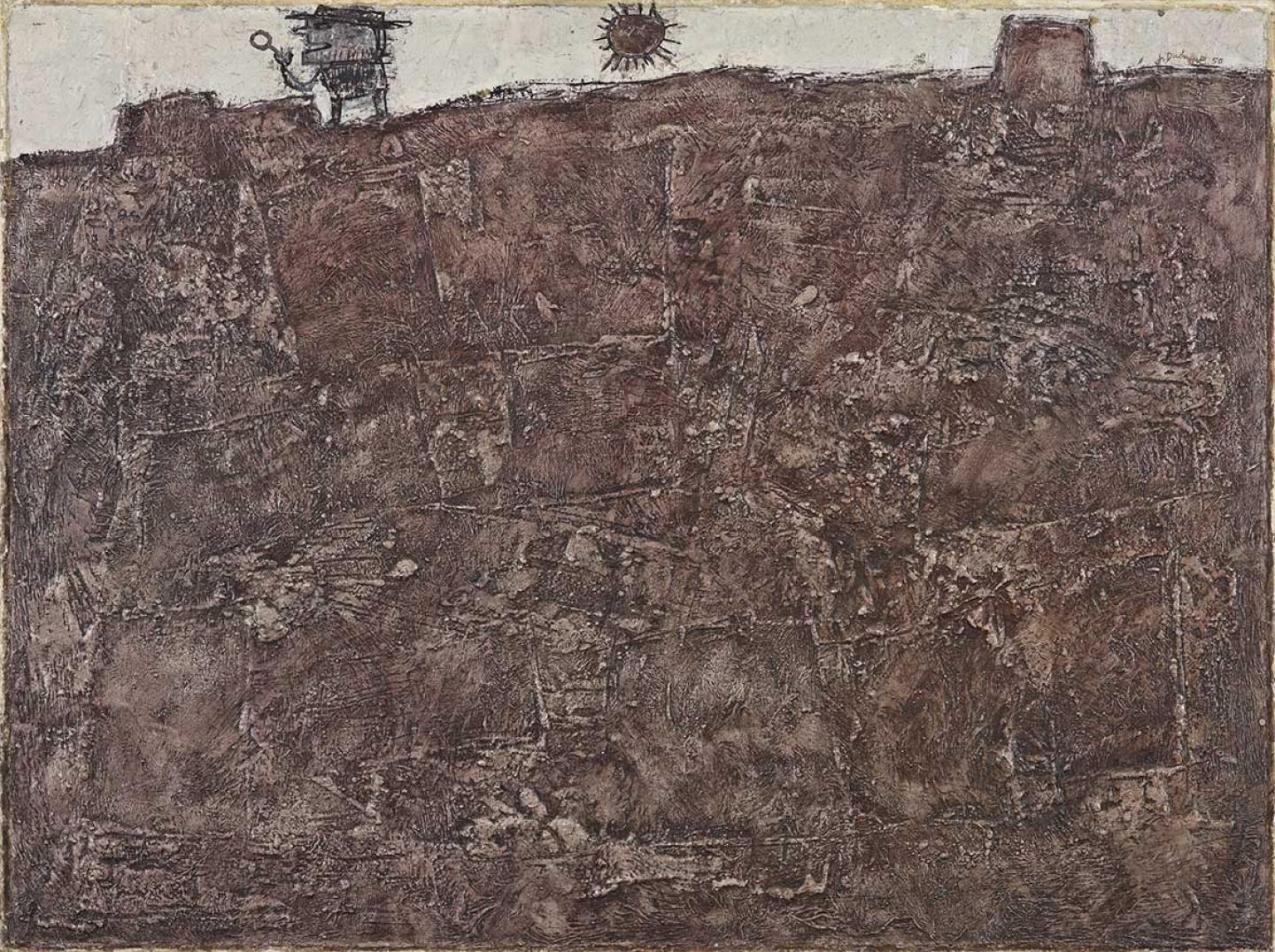 Jean DUBUFFET, Le Géologue (série Tables paysagées, paysages du mental, pierres philosophiques), décembre 1950, huile sur toile, 98 x 131 cm © Fondation Gandur pour l’Art, Genève. Photographe : Sandra Pointet