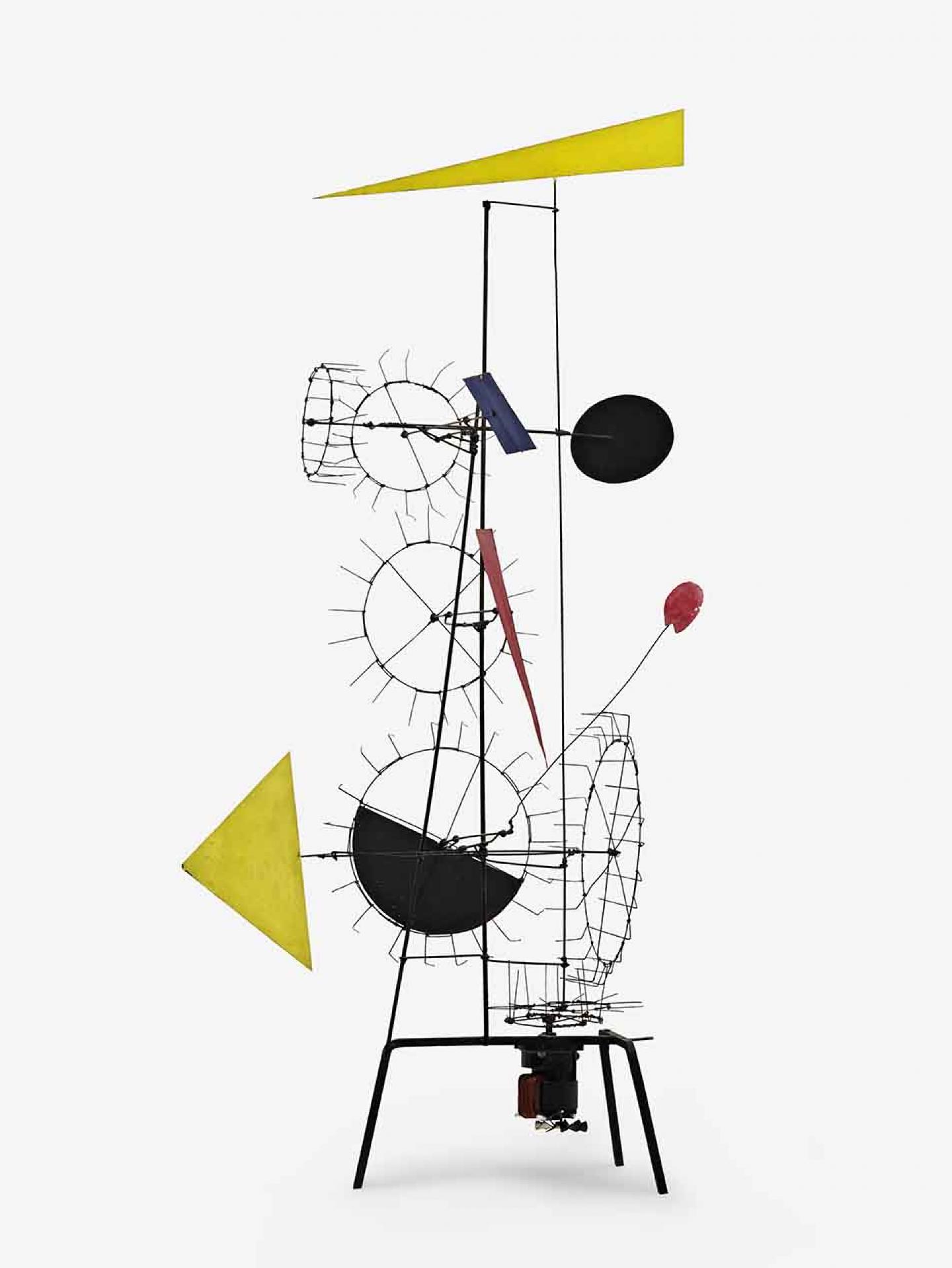 Jean TINGUELY, Méta-Herbin (série Sculpture Méta-mécanique (1954-1955)), 1955, trépied en fer, tiges métalliques et fils de fer, sept formes en métal peint en couleur et moteur électrique, 124.8 x 52.5 x 75 cm, FGA-BA-TINGU-0001 © Fondation Gandur pour l’Art, Genève. Photographe : Sandra Pointet