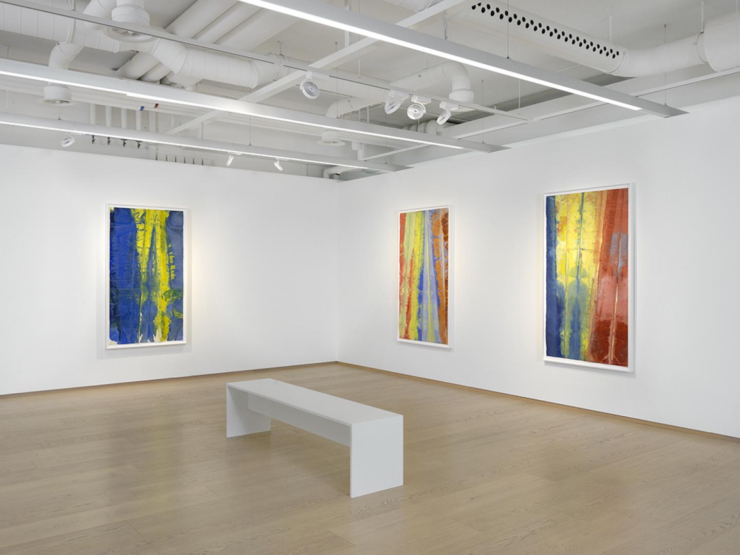 Installation view, Sam Gilliam: Watercolors, January 21 – March 19, 2021, Pace Gallery, Geneva © Sam Gilliam / 2020 Artists Rights Society Photo: Annik Wetter, courtesy Pace Gallery