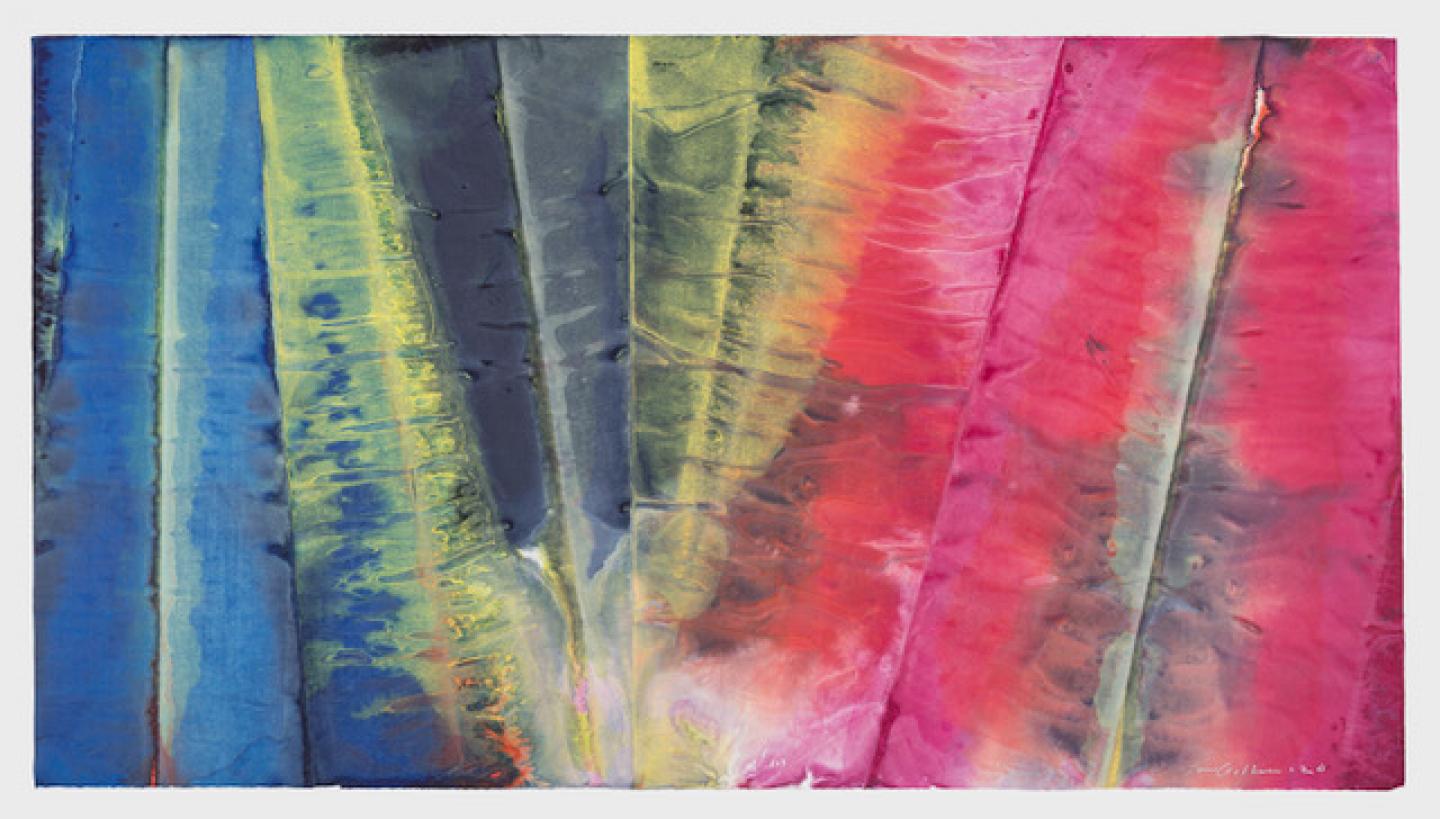 Sam Gilliam, Untitled, 2020, watercolor on washi, 71-1/2" × 39-1/2" 181.6 cm × 100.3 cm, © Sam Gilliam / 2020 Artists Rights Society