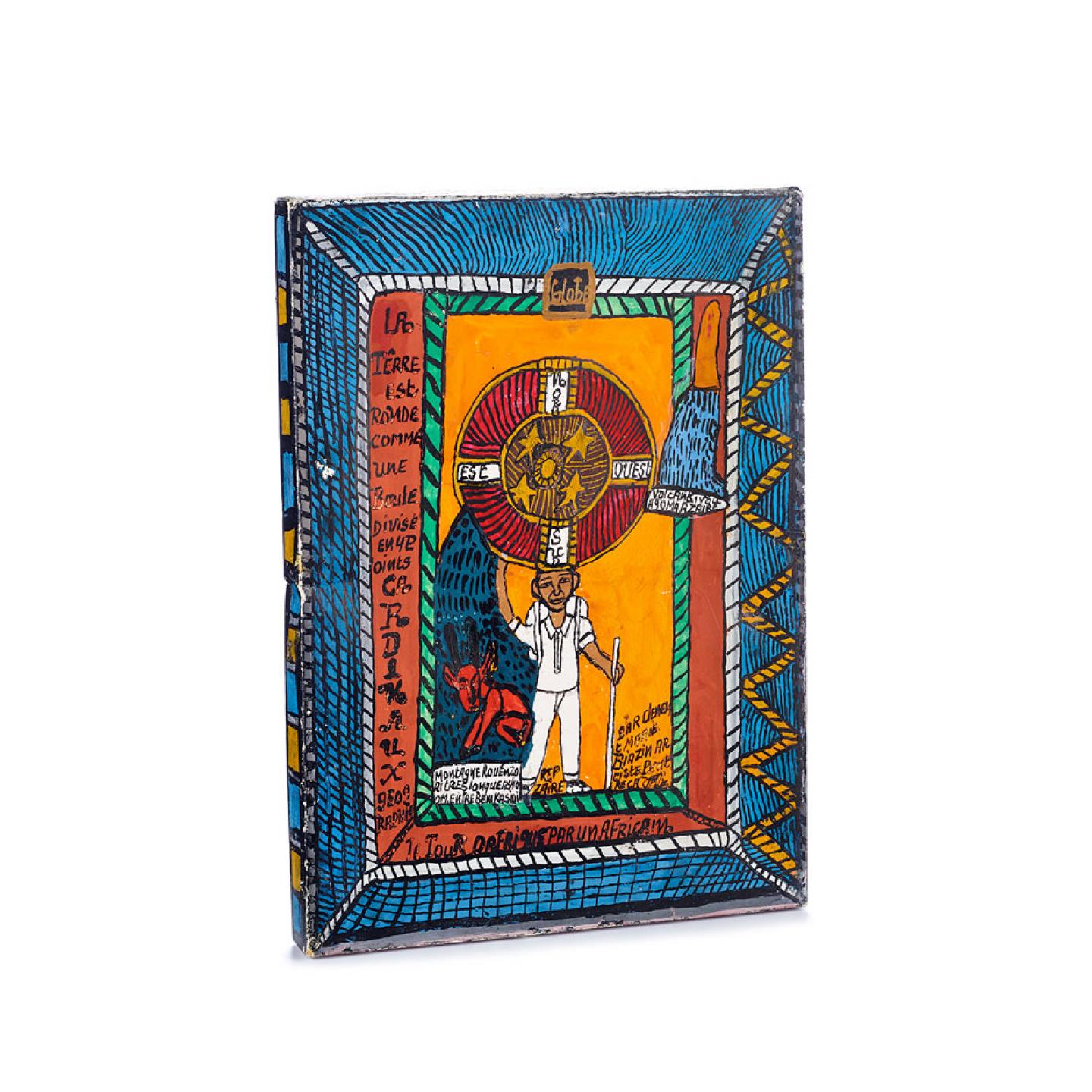 La terre est ronde comme une boule et Histoire du Rwanda, Autoportrait de Clément-Marie Biazin (1924-1981), peintre Yakoma, République centrafricaine, Bangui. 1972-1973. Collage et gouache sur un carton de chemise (?), recto-verso, Collection Jean-Yves Montange, prêt de Justin Montange ©Photo Johnathan Watts/MEG