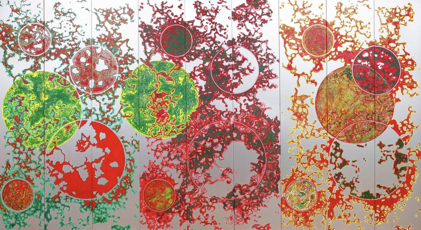 Rouge jaune vert polyptyque huile et gravure sur alu 150x30cmx9 panneaux (150x270cm) 2023-2025